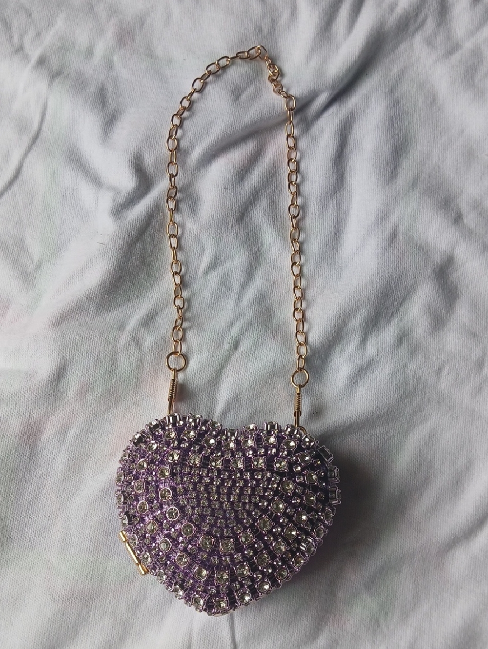 Heart-Shaped Crystal Minaudière in Purple with Gold Chain
